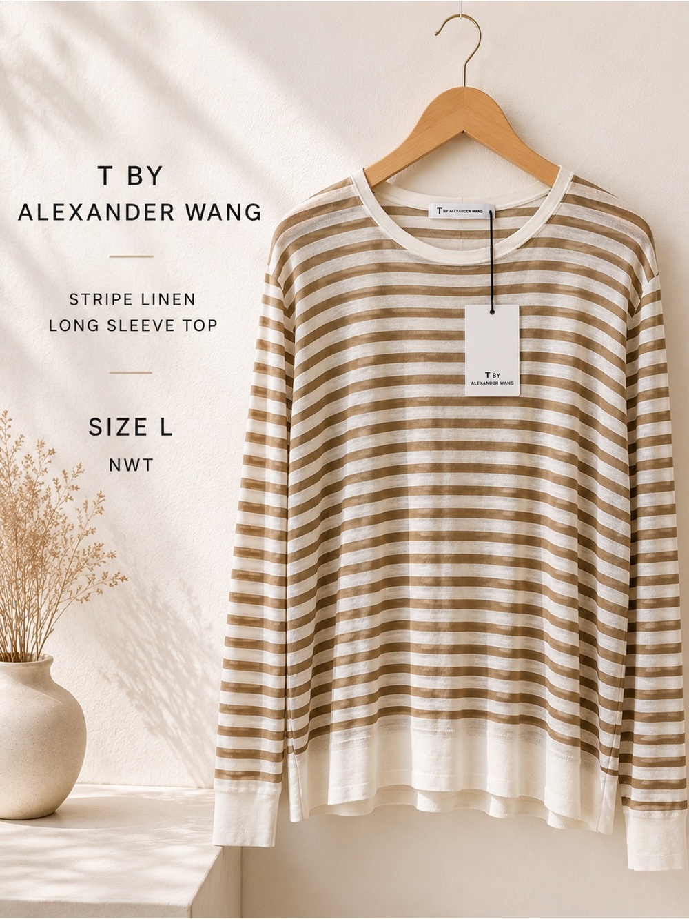 T by Alexander Wang Stripe Linen Long Sleeve Top Off White Trench Size L